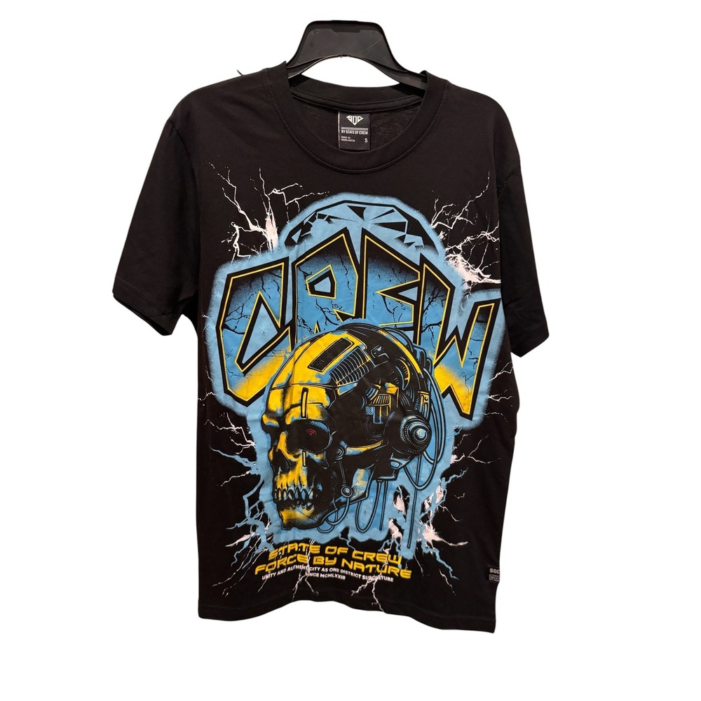 State of Crew Mens Cyber Skull Graphic T-Shirt Black Short Sleeve Size S NEW